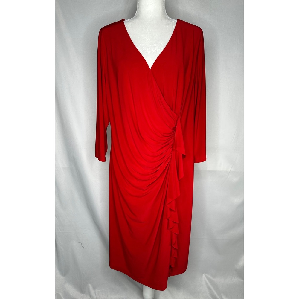 Kasper Red Faux Wrap Dress 3/4 Sleeve Cascading Ruffle Sheath Plus Size 16W